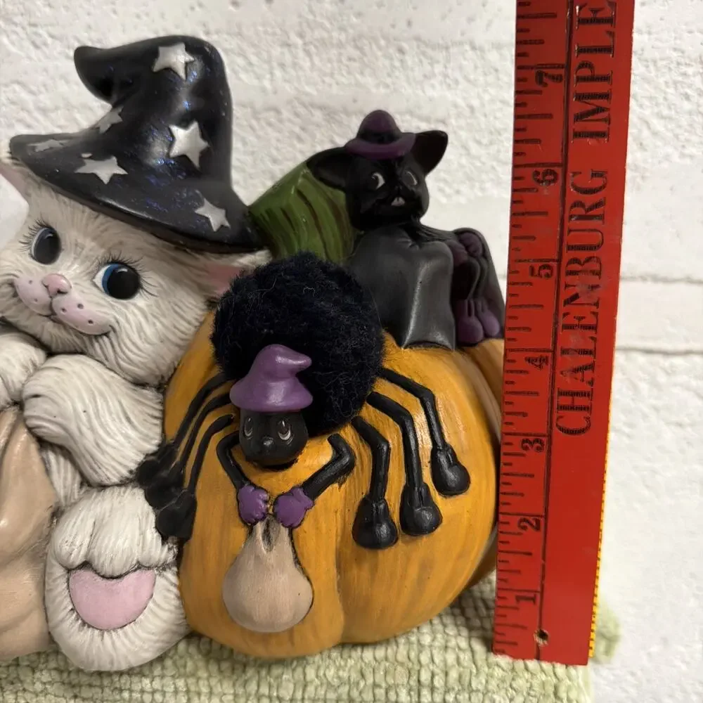 Vtg Signed Ceramic Cat Pumpkin Decor w/ Witch Hat Spider Bat Hand Painted